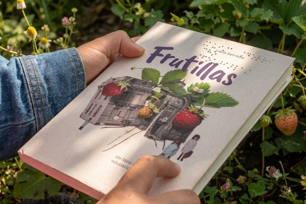 Tapa del libro Frutillas con título en Braille, entre plantas de frutillas